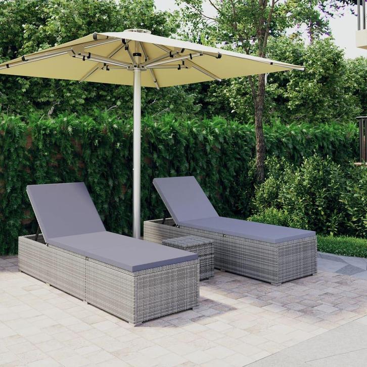 vidaXL 3-delige Ligbeddenset met theetafel poly rattan grijs, Tuin en Terras, Ligbedden, Nieuw, Verzenden