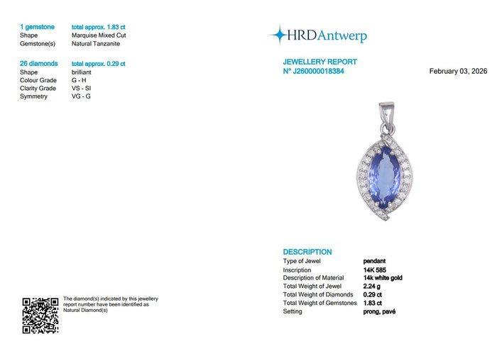 Pendentif - 14 carats Or blanc - 2.12ct. tw. Tanzanite -, Bijoux, Sacs & Beauté, Bijoux anciens
