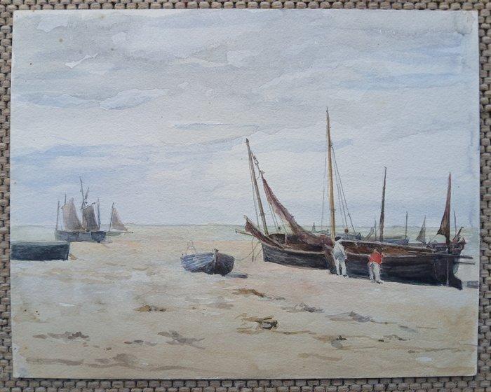 Belgische school (XIX) - Vissersboten op het strand -, Antiquités & Art, Art | Peinture | Classique