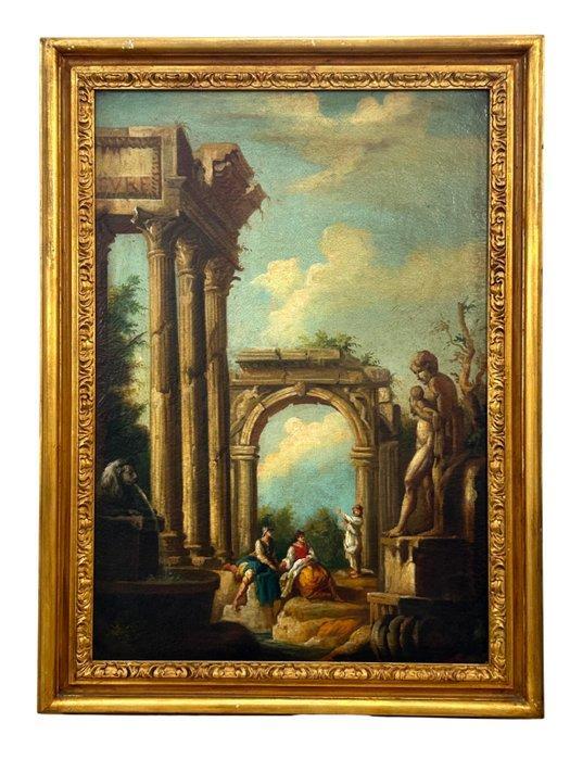 Italiaanse school (XIX) - Capriccio con rovine e personaggi, Antiek en Kunst, Kunst | Schilderijen | Klassiek
