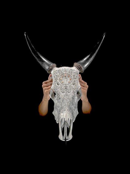 Tête de bœuf sculptée grise sans prix de réserve - Motif, Collections, Collections Animaux