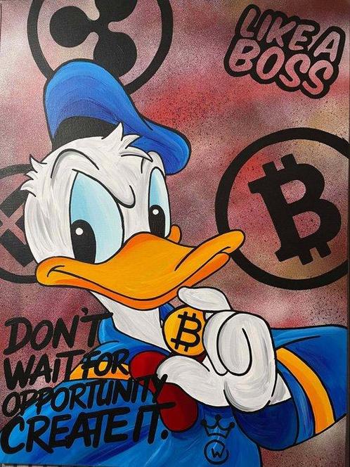 Xavier Van Walsem (1980) - Donald duck holding a bitcoin, Antiek en Kunst, Kunst | Schilderijen | Modern