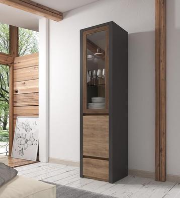 Vitrinekast Monaco - Eiken - Grijs - 50 cm - Met glas, Verzenden