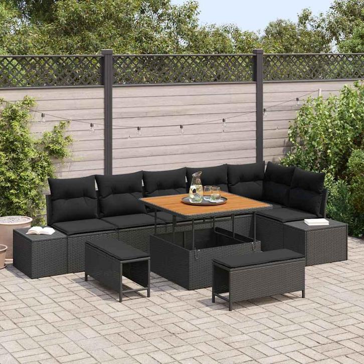 vidaXL Tuinbank Set met kussen 9 pcs Zwart poly rattan, Tuin en Terras, Tuinsets en Loungesets, Nieuw, Verzenden