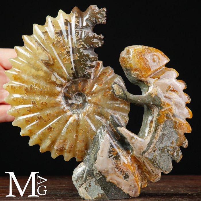 Fossil Sculpture Uitgehouwen Cleoniceras ammoniet met iguana, Collections, Minéraux & Fossiles