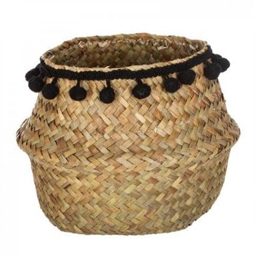 Mand Zeegras met zwarte pompoms per stuk 16x14 cm, Huis en Inrichting, Woonaccessoires | Kunstplanten en Kunstbloemen, Nieuw