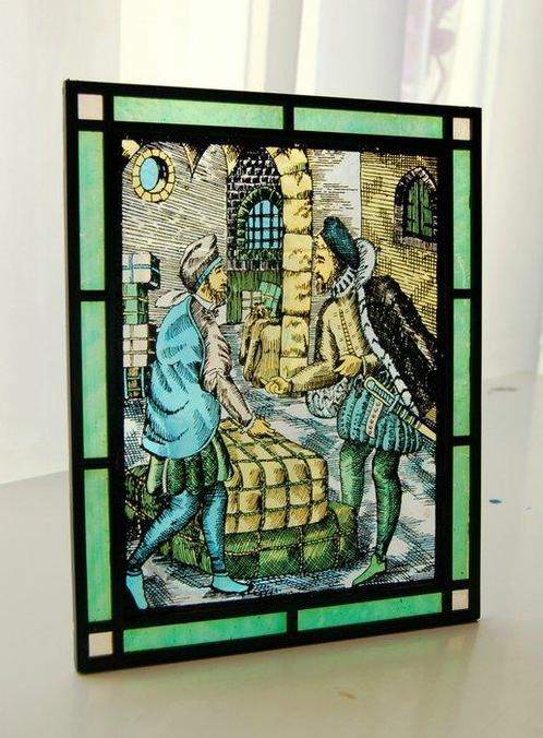 Art Deco Glas-in-loodraam - 1950-1960 - Geschilderd glazen, Antiek en Kunst, Curiosa en Brocante