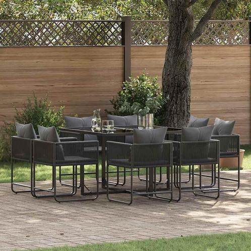 vidaXL Tuin Eettafel Set 9 pcs Zwart Staal, Tuin en Terras, Tuinsets en Loungesets, Nieuw, Verzenden