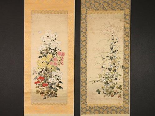 Very fine diptych Morning glory and chrysanthemum, with, Antiek en Kunst, Antiek | Overige Antiek