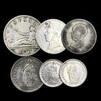 Spanje, Zwitserland. 6 Silver Coins (1x 2 Pesetas + 2x 1, Postzegels en Munten