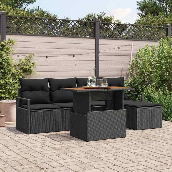 vidaXL Tuin Eettafel Set met kussen 6 pcs Zwart en Bruin, Tuin en Terras, Tuinsets en Loungesets, Nieuw, Verzenden