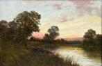 English school (XIX-XX) - A cottage by a river at sunset, Antiek en Kunst, Kunst | Schilderijen | Klassiek