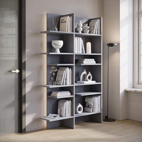Meubella | Boekenkast grijs 119x32x196cm - LED-verlichting, Huis en Inrichting, Kasten | Boekenkasten, 25 tot 50 cm, Nieuw, 100 tot 150 cm
