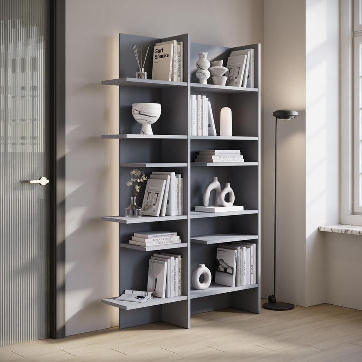 Meubella | Boekenkast grijs 119x32x196cm - LED-verlichting, Huis en Inrichting, Kasten | Boekenkasten, 25 tot 50 cm, Nieuw, 100 tot 150 cm