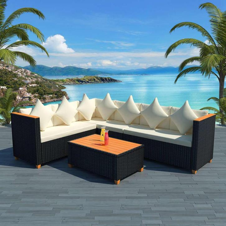 vidaXL 4-delige Loungeset met kussens poly rattan zwart, Tuin en Terras, Tuinsets en Loungesets, Loungeset, Nieuw, Verzenden