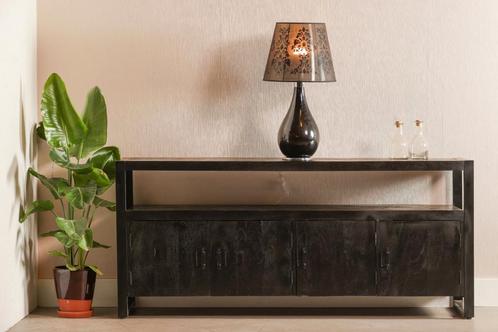 Dressoir Mangohout Kensi 180 4 Deuren Zwart, Huis en Inrichting, Kasten | Dressoirs, Nieuw, Verzenden