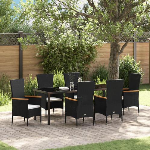 vidaXL 7-delige tuinset met kussens in zwart poly rattan, Tuin en Terras, Tuinstoelen, Nieuw, Verzenden
