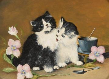 Jos Van de ven (XIX-XX) - Twee Kittens met Bloemen en Kopje