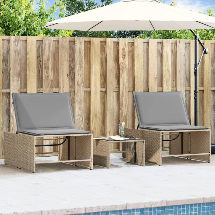 vidaXL Ligstoelen 2 st met tafel beige poly rattan, Tuin en Terras, Ligbedden, Nieuw, Verzenden