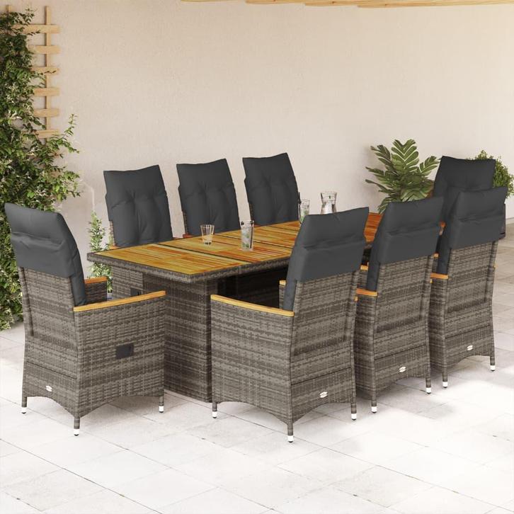 vidaXL 9-delige Bistroset met kussens poly rattan grijs, Jardin & Terrasse, Ensembles de jardin, Envoi