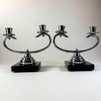 Kandelaar (2) - paar Franse Art Deco Chrome dubbele, Antiek en Kunst