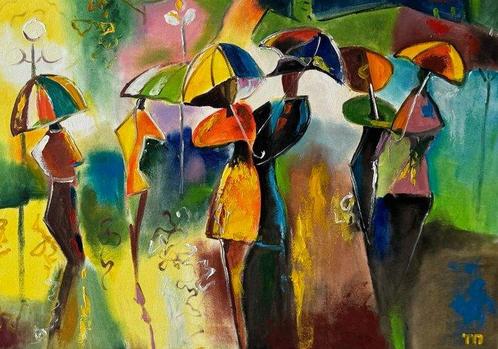 Petrus Tanya (1969) - Umbrella walk, Antiquités & Art, Art | Peinture | Classique