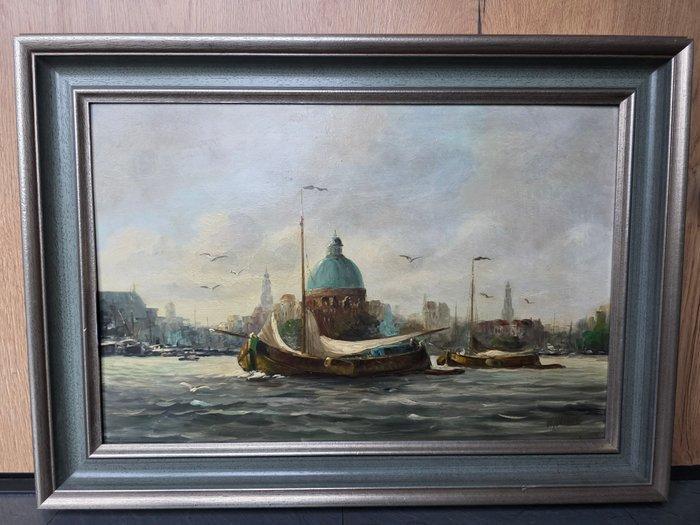 Nederlandse school (XX) - Amsterdam, het IJ – Schepen voor, Antiek en Kunst, Kunst | Schilderijen | Klassiek