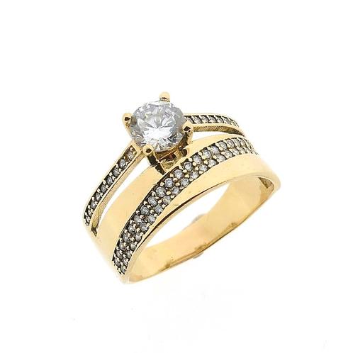 Brede gouden ring met zirconia (geelgoud, damesring, dames), Handtassen en Accessoires, Ringen, Dame, Met edelsteen, Overige kleuren