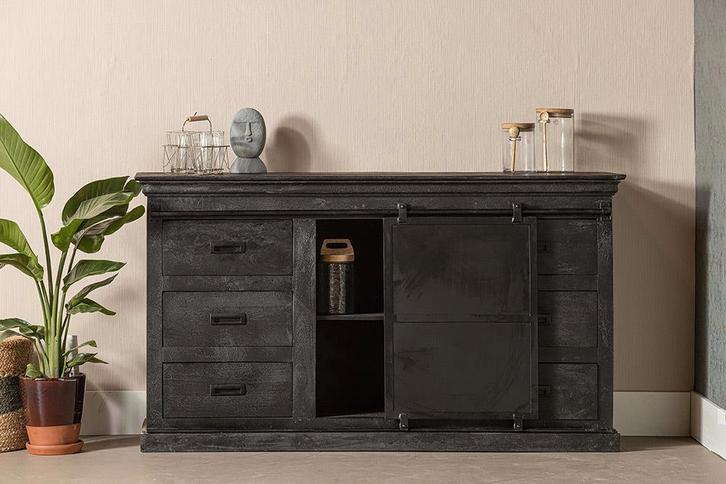 Dressoir Mangohout Milan 160 Zwart, Huis en Inrichting, Kasten | Dressoirs, Nieuw, Verzenden