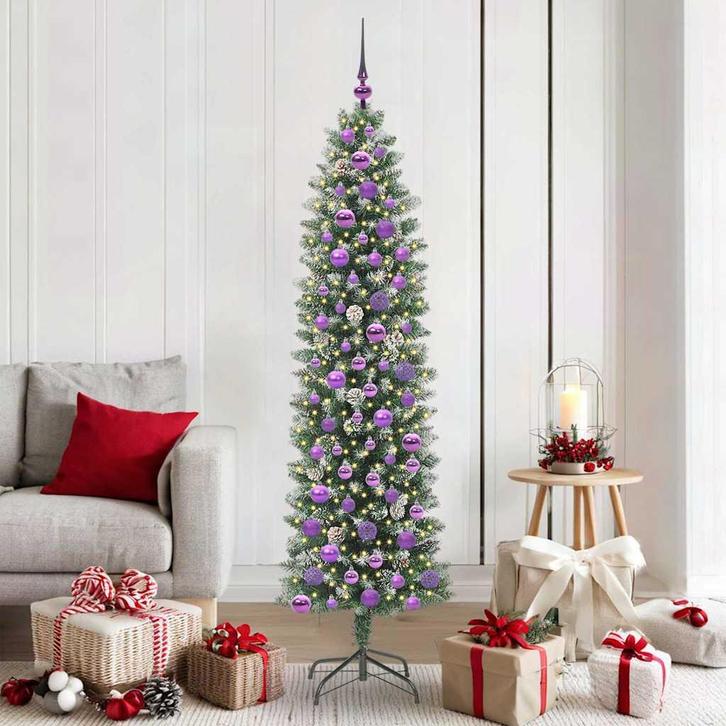 vidaXL Kunstmatige slanke kerstboom met 300 LED Groen en Wit, Diversen, Kerst, Nieuw, Verzenden