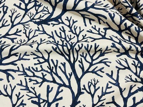 Tissu en coton élégant à motif corail bleu sur fond blanc -, Antiek en Kunst, Antiek | Tapijten, Tafelkleden en Textiel