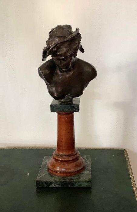 Figuur - Busto femminile con turbante - Brons, Hout, Marmer, Antiek en Kunst, Antiek | Keramiek en Aardewerk