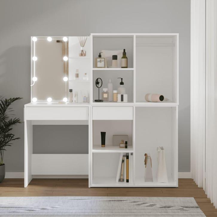 vidaXL Kaptafel met 2 kastjes en LEDs bewerkt hout wit, Huis en Inrichting, Tafels | Kaptafels, Nieuw, Verzenden