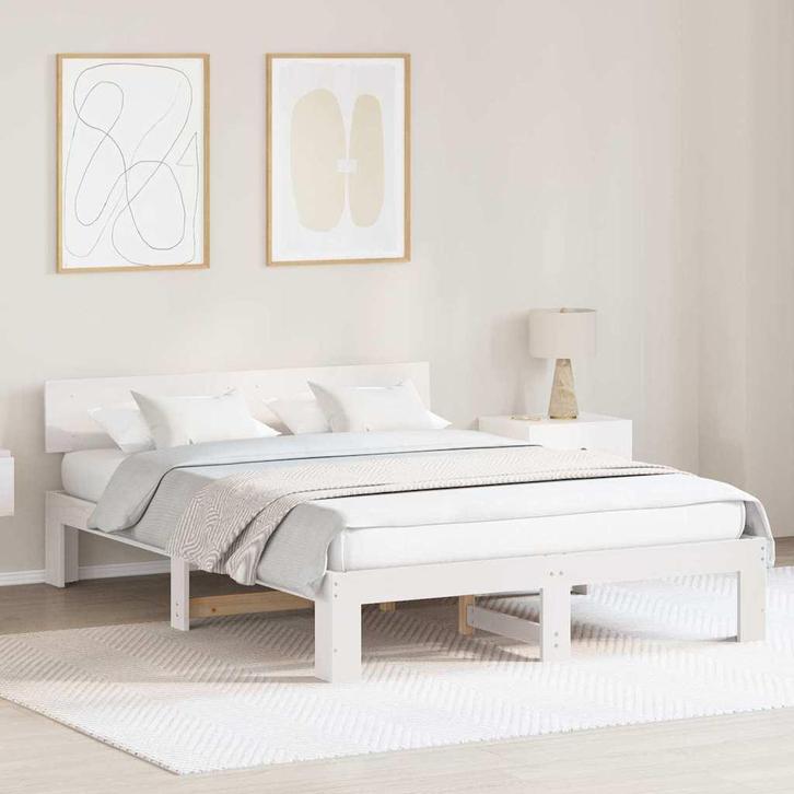 vidaXL Bedframe met hoofdeinde Wit 150 x 200 cm Massief, Huis en Inrichting, Slaapkamer | Bedden, Nieuw, Verzenden