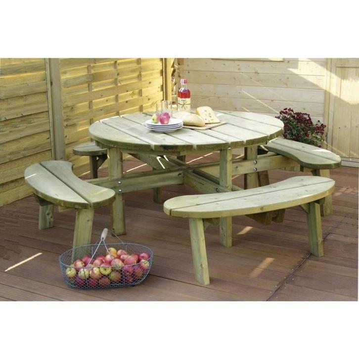 Picknicktafel in hout picknickbank rond model met 4, Tuin en Terras, Tuinhuizen, Nieuw