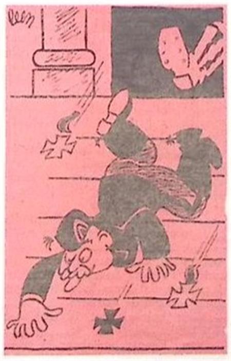 Spotprent met uit gebouw getrapte man (lijst optie, Lithos), Antiquités & Art, Art | Lithographies & Sérigraphies, Envoi