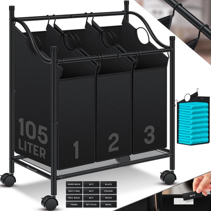 Wasmand 3 vakken - Wassorteerder - 105 Liter - Zwart - KESSE, Kleding | Dames, Overige Dameskleding, Verzenden