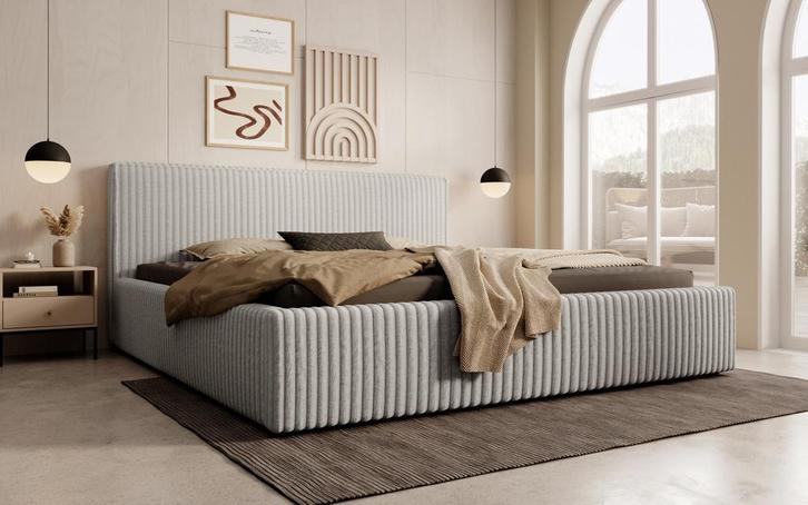 Meubella | Tweepersoonsbed 180x200 grijs fluffy ribstof, Huis en Inrichting, Slaapkamer | Bedden, Nieuw, 180 cm, Verzenden