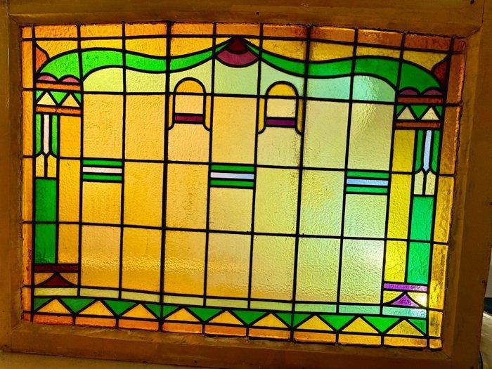Jugendstil Glas-in-loodraam - 1910-1920 - 89x118 cm / 11 kg, Antiek en Kunst, Curiosa en Brocante