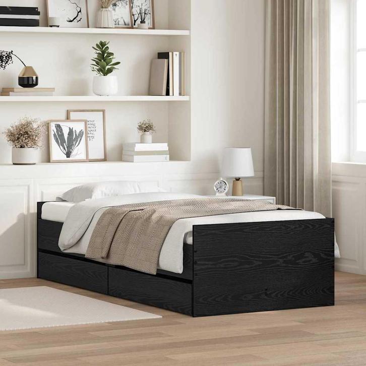 vidaXL Bedframe met lade Zwart Eiken 100 x 200 cm Massief, Huis en Inrichting, Slaapkamer | Bedden, Nieuw, Verzenden