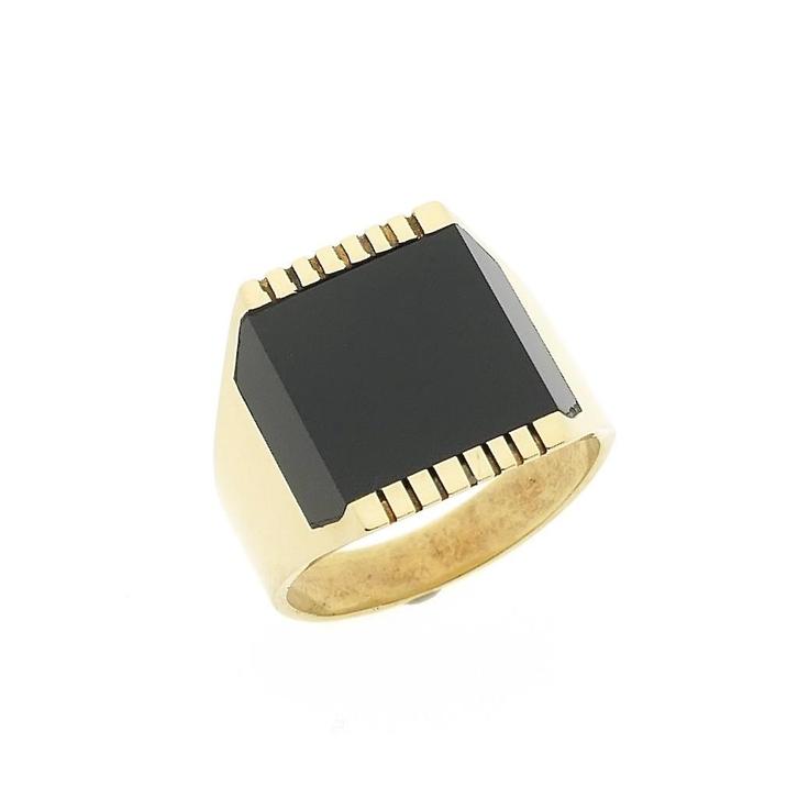 Gouden heren zegelring met onyx, Handtassen en Accessoires, Ringen, Heer, Met edelsteen, Overige kleuren, 19 tot 20, Gebruikt
