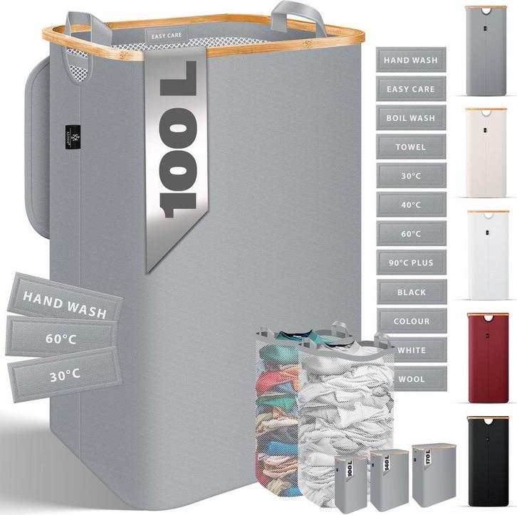 Wasmand - Met deksel - 100 Liter - Grijs - KESSER®, Huis en Inrichting, Badkamer | Badtextiel en Accessoires, Nieuw, Verzenden