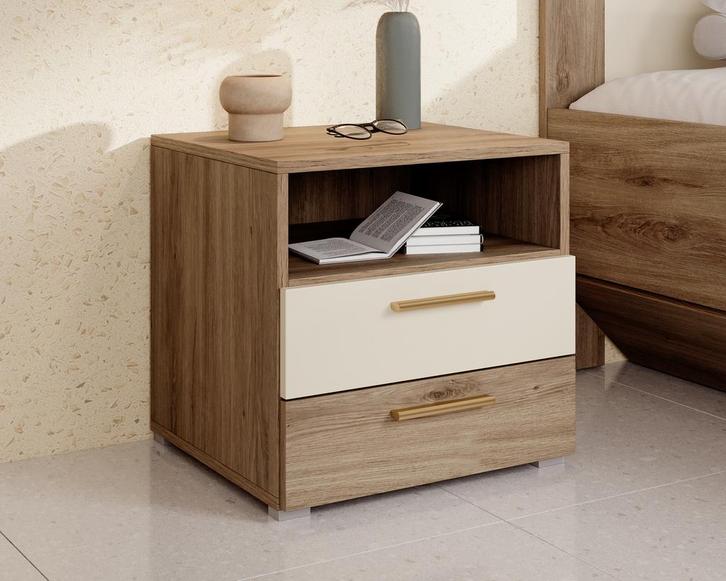 Meubella Nachtkastje eiken met beige 46 cm met 2 lades, Huis en Inrichting, Kasten | Overige, Nieuw, Verzenden