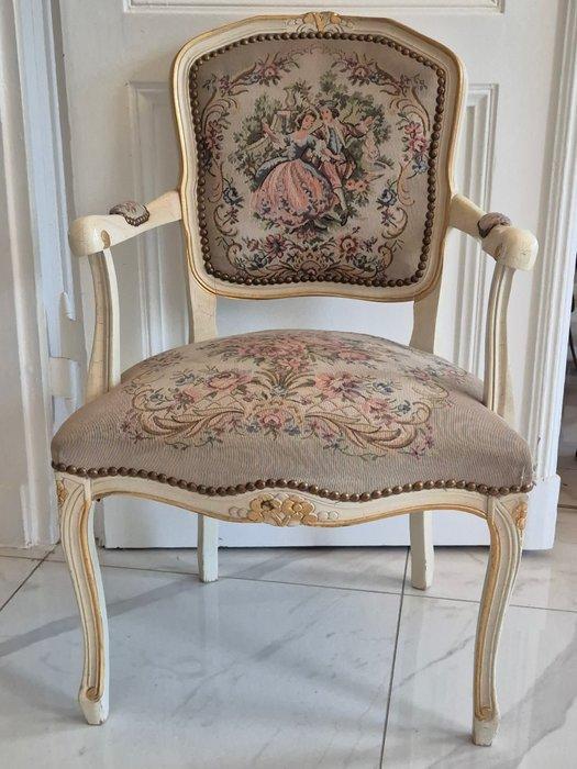 Fauteuil im Louis-XV-Stil – Cremeweiß mit Gobelinbezug –, Antiek en Kunst, Curiosa en Brocante
