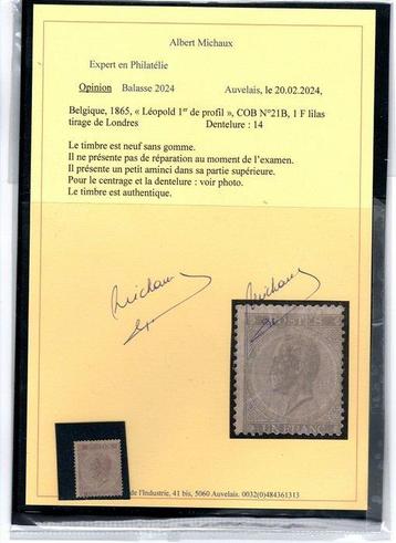 België 1865 - 1865, Léopold 1er COB N°21B, 1f lilas dent 14 beschikbaar voor biedingen