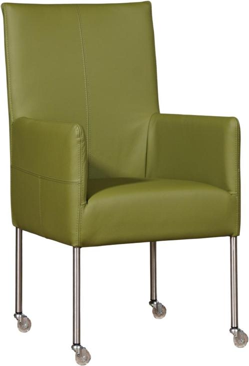 Groene leren moderne eetkamerstoel - poot rond inox met wiel, Huis en Inrichting, Stoelen, Nieuw, Eén, Leer, Ophalen of Verzenden