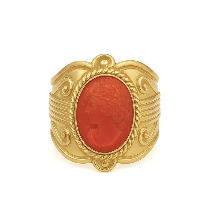 Ring - 18 karaat Geel goud Koraal, Handtassen en Accessoires, Ringen