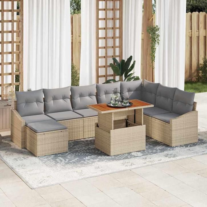 vidaXL Tuin Eettafel Set met kussen 9 pcs Beige en Grijs, Tuin en Terras, Tuinsets en Loungesets, Nieuw, Verzenden