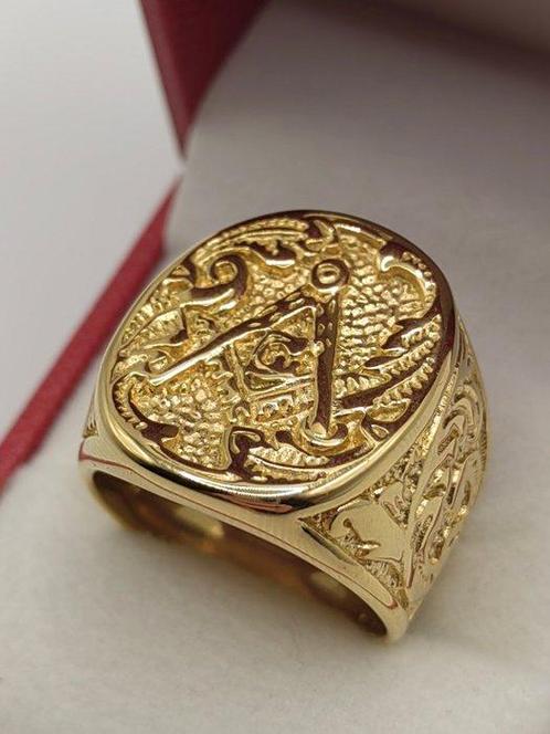 Anneau de signet maçonnique - La règle et le compas -, Verzamelen, Militaria | Algemeen