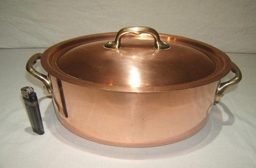 Een degelijke koperen ovale pan met deksel - Made in France, Antiek en Kunst, Antiek | Keukengerei